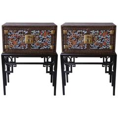 Pair of Painted Lacquer Chinese Chests on Custom-Made Stands