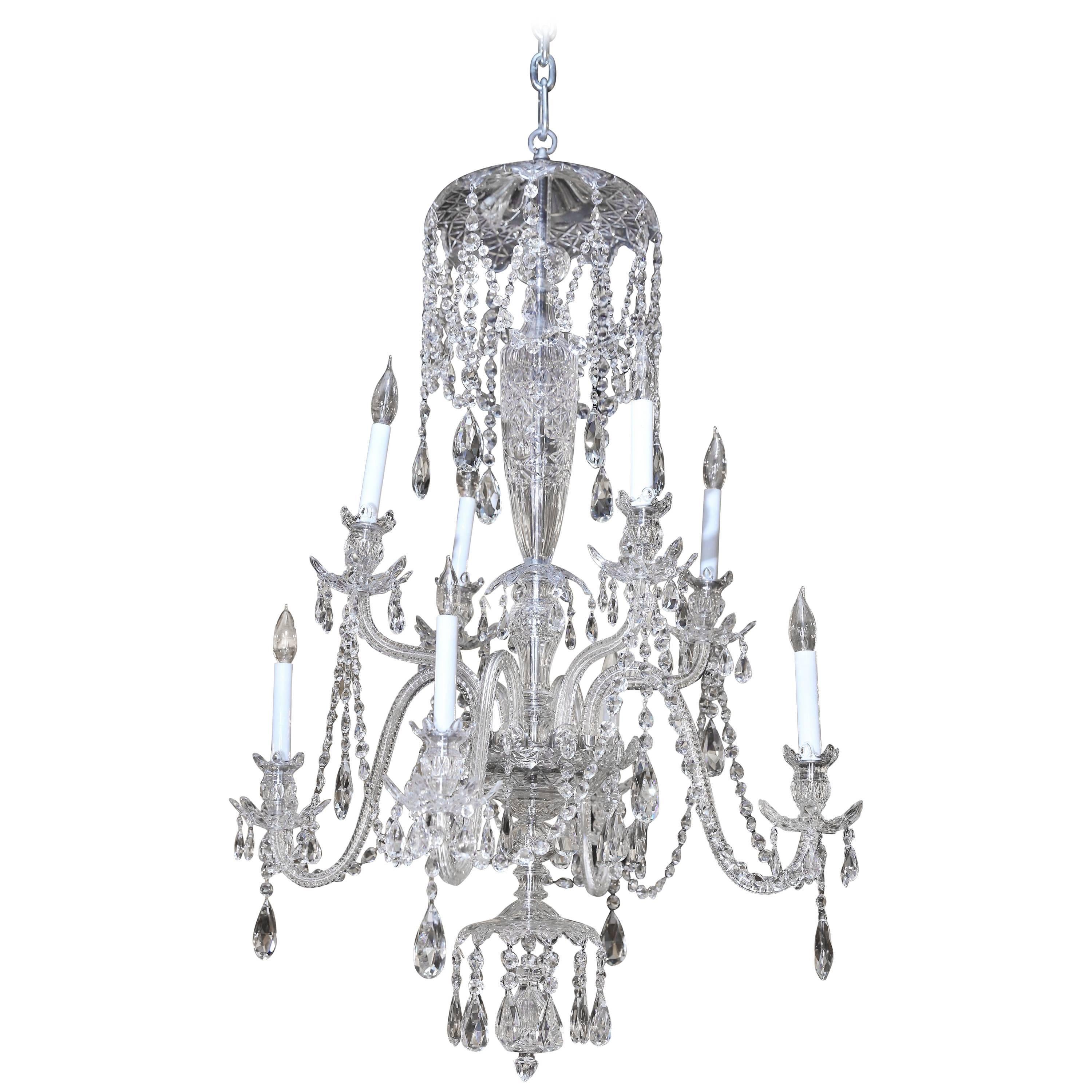 Eight-Light Chandelier with Four Tiers of Crystals and Etched Glass Body