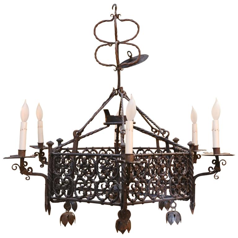 Pair Of 18th Century Hand Forged Wrought Iron Spanish Chandeliers 19th Century Spanish Wrought Iron Chandelier