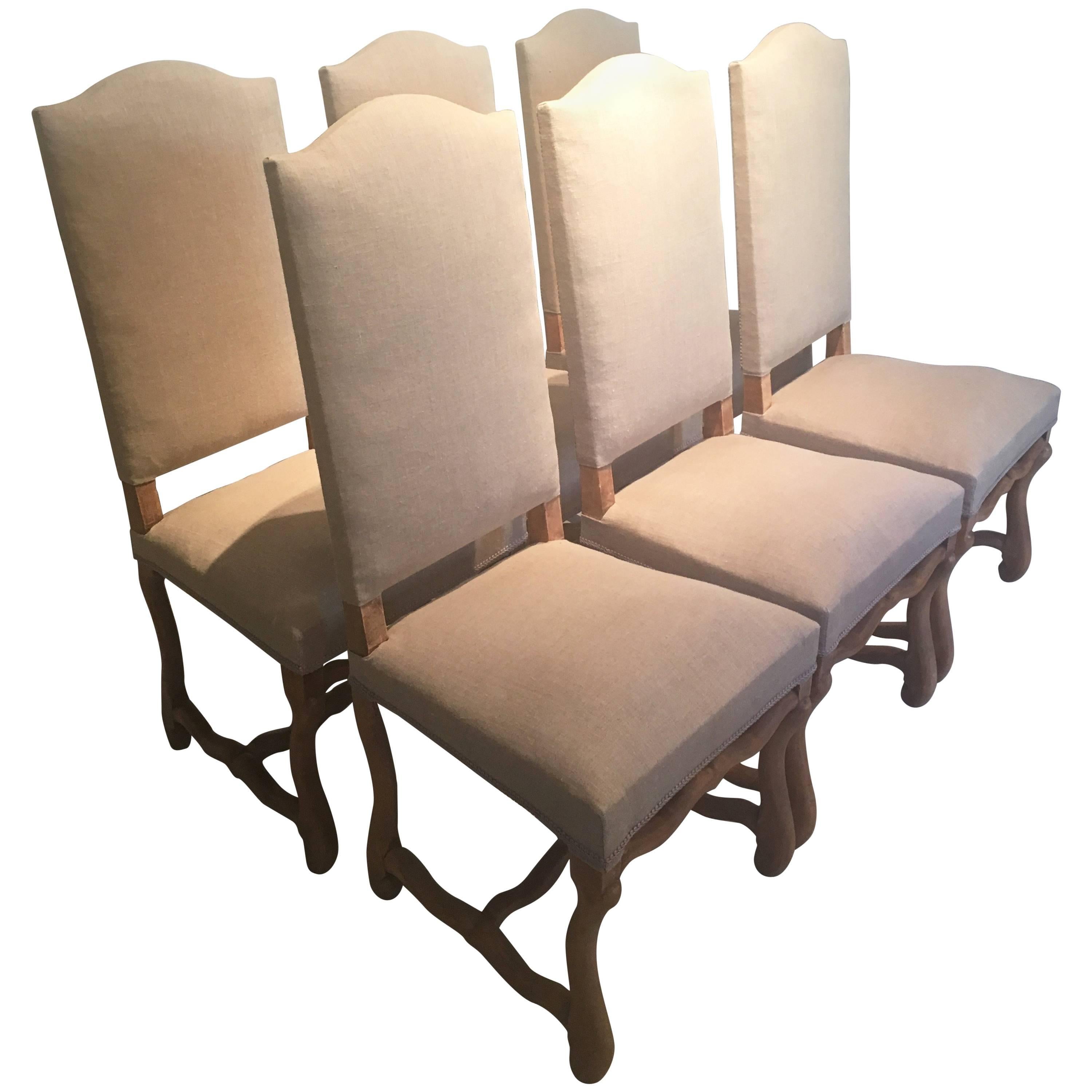 Set of Six Beech Louis XIII-Style Os De Mouton Dining Chairs