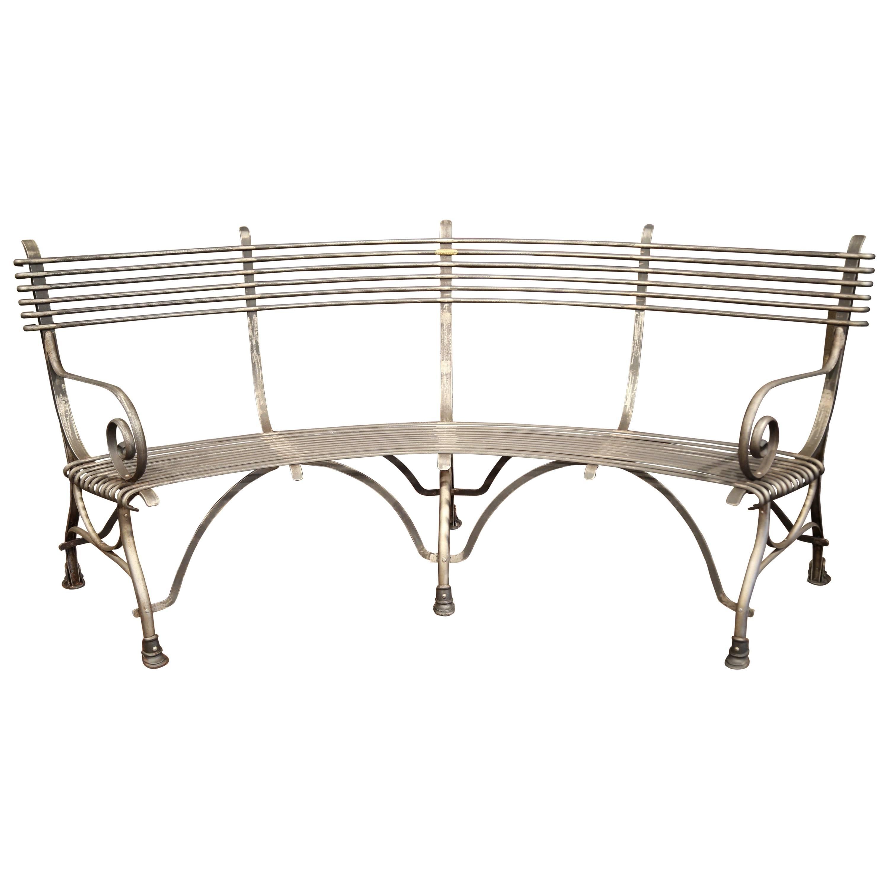 French Polished Iron Curved Bench with Hoof Feet Signed Sauveur Arras