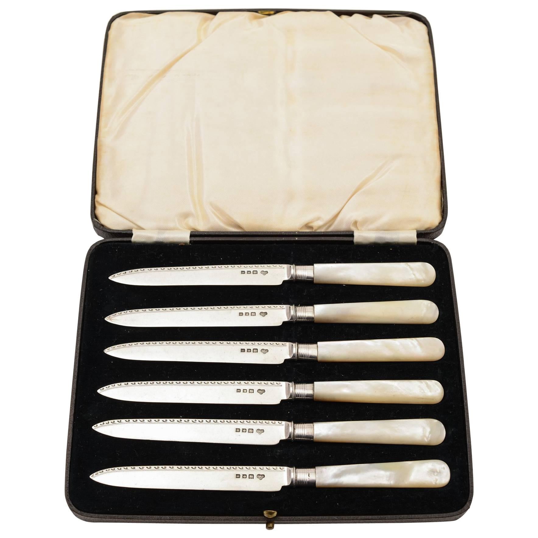 Set of Six Mother of Pearl and Silver Bladed Fruit Knives For Sale