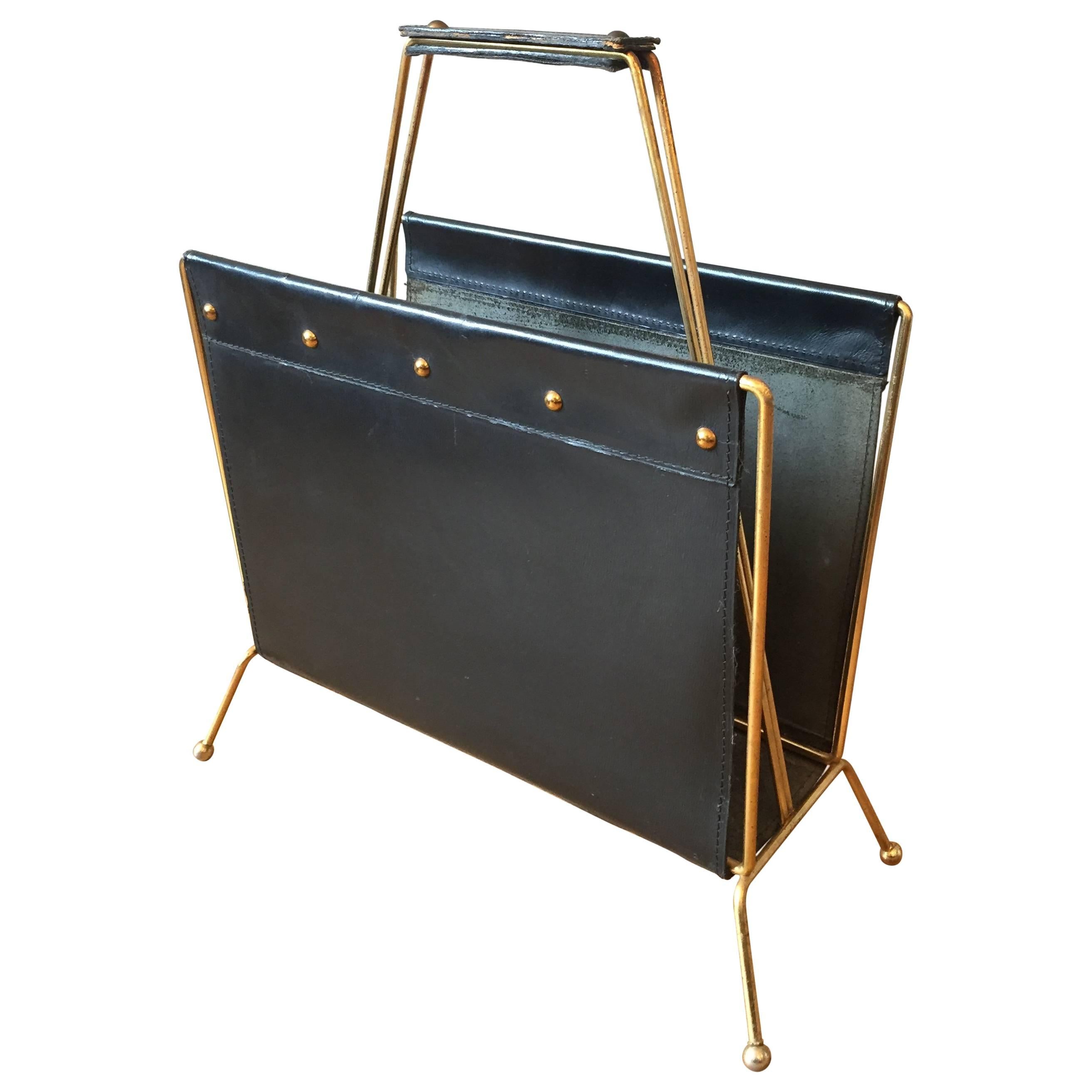 French 1950s Brass and Black Leather Magazine Holder