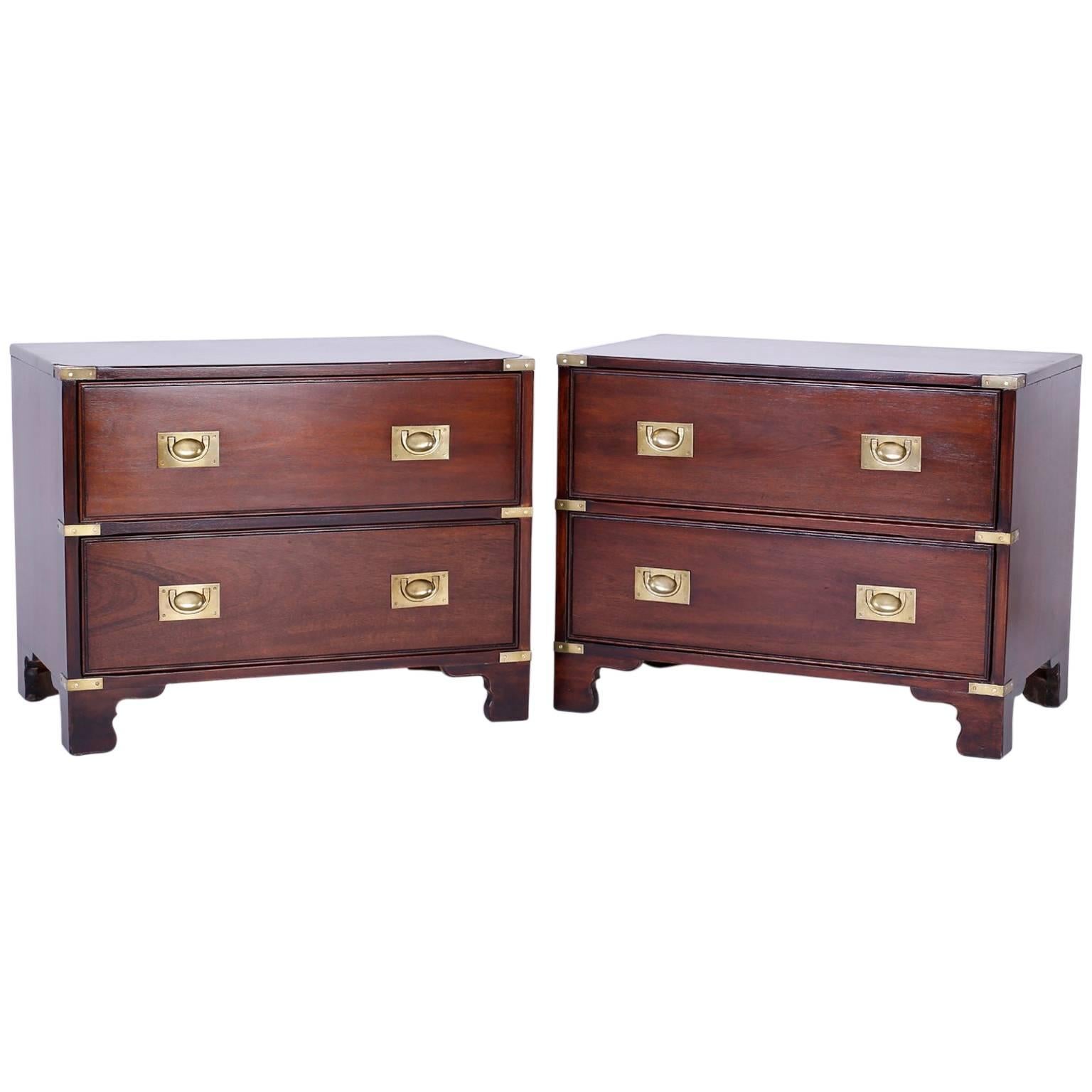 Pair of Campaign Style Mahogany Nightstands or Chests