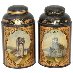Antique Tea Tin Canisters with Mother of Pearl Scenes of Victorian Follies