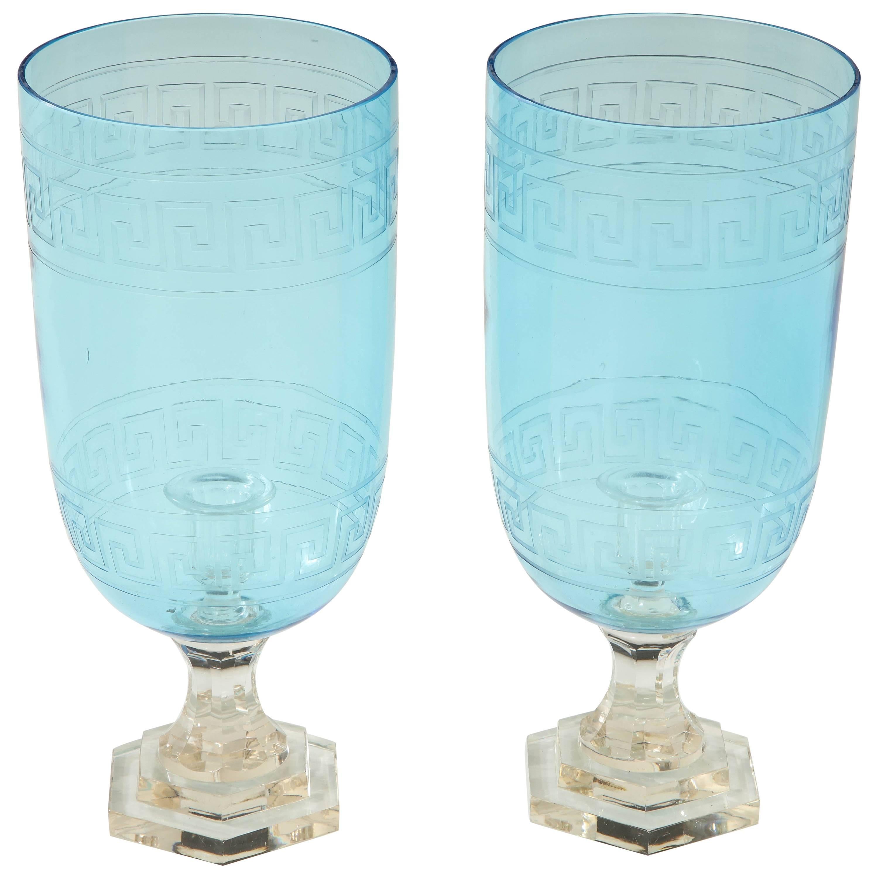 Pair of Blue Glass Hurricanes