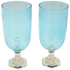 Vintage Pair of Blue Glass Hurricanes