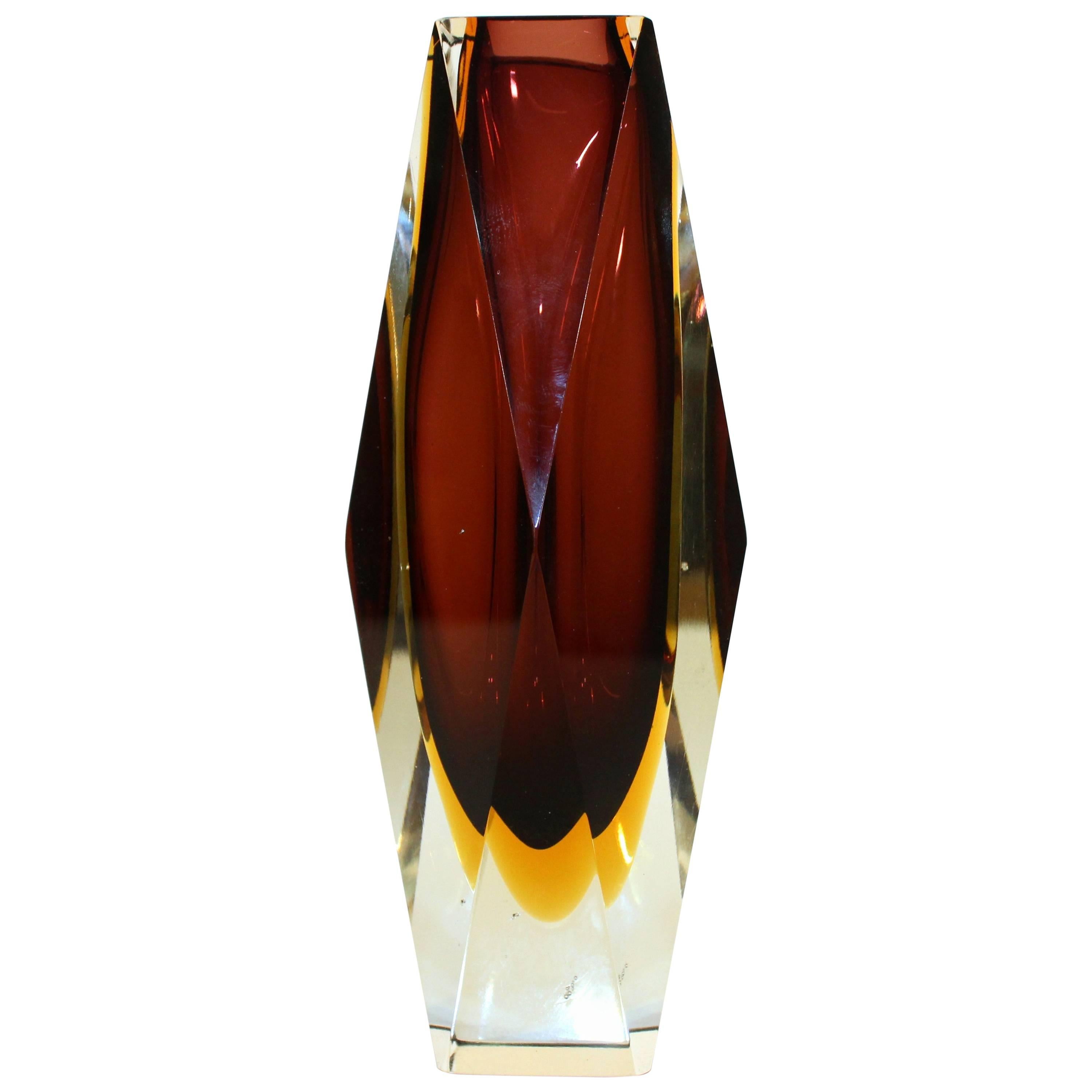 Mandruzzato Triple Sommerso Murano Glass Faceted Vase in Amethyst and Gold