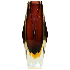 Vintage Mandruzzato Triple Sommerso Murano Glass Faceted Vase in Amethyst and Gold