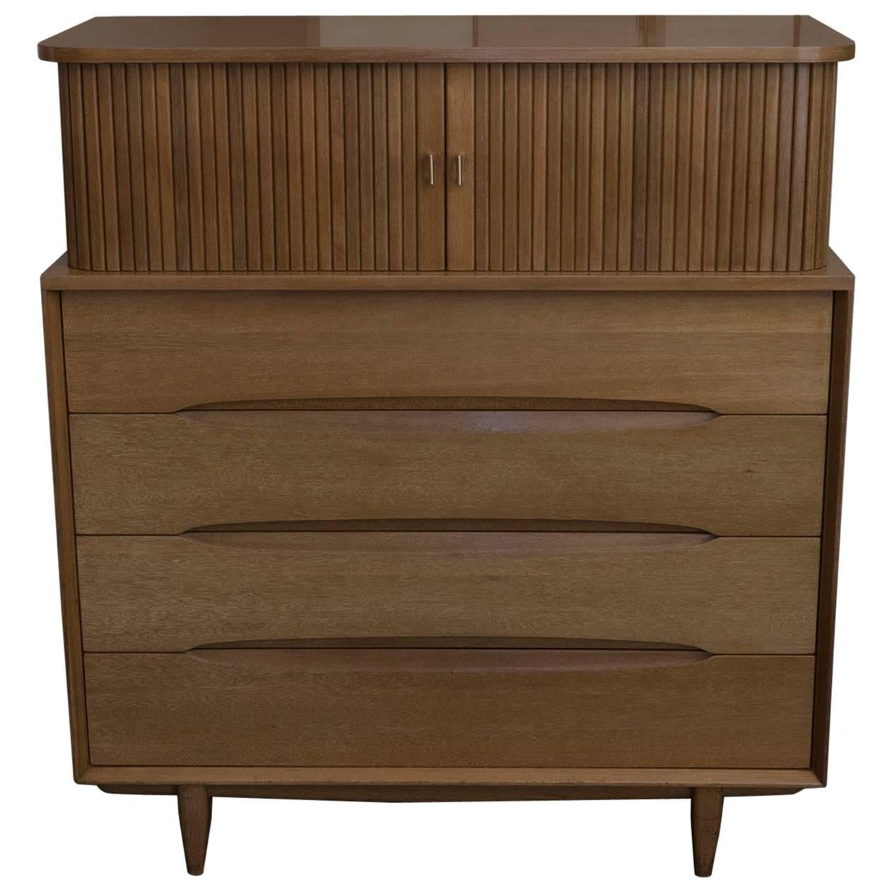 1950s Mahogany Tall Dresser with Tambour Doors by Brown Saltman