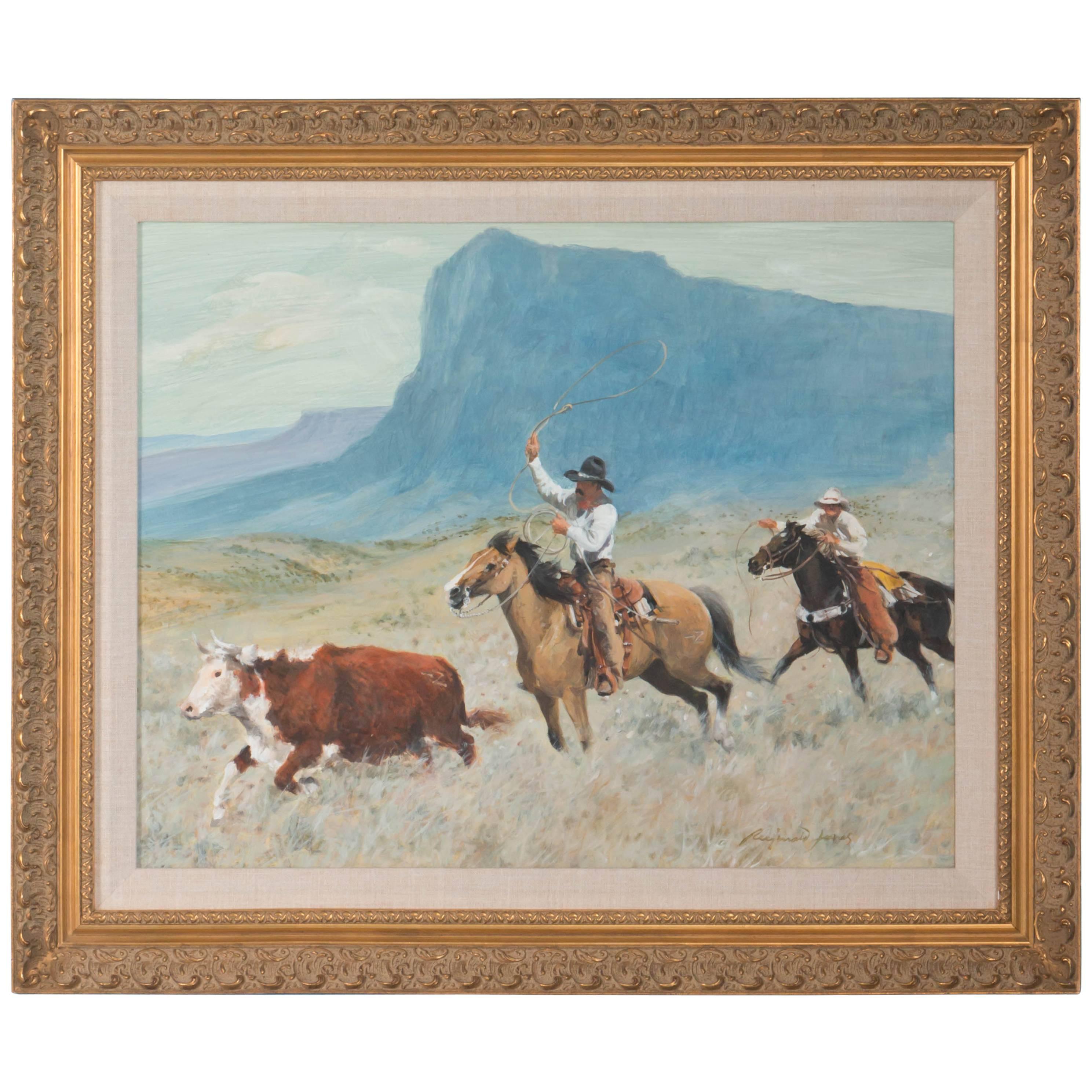 Reginald Jones 20th Century Original Oil Painting of Cowboys Roping a Steer
