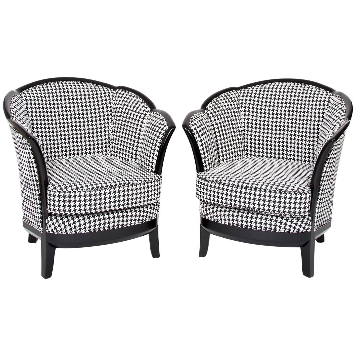 Two French Art Deco Club Chairs, France 1930s in Black-White Fabric Upholstery