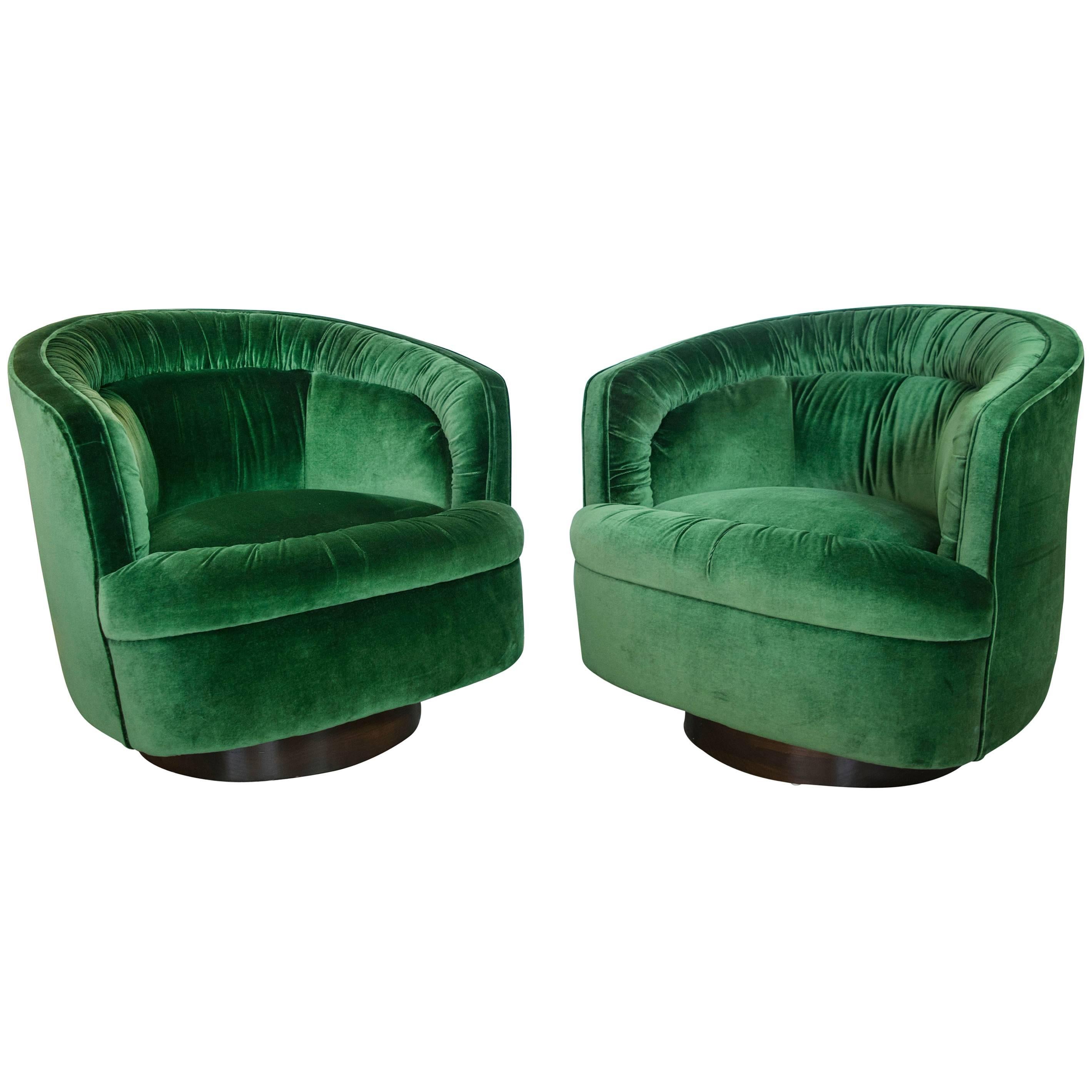 Emerald Green Velvet Swivel Chairs in the Style of Milo Baughman