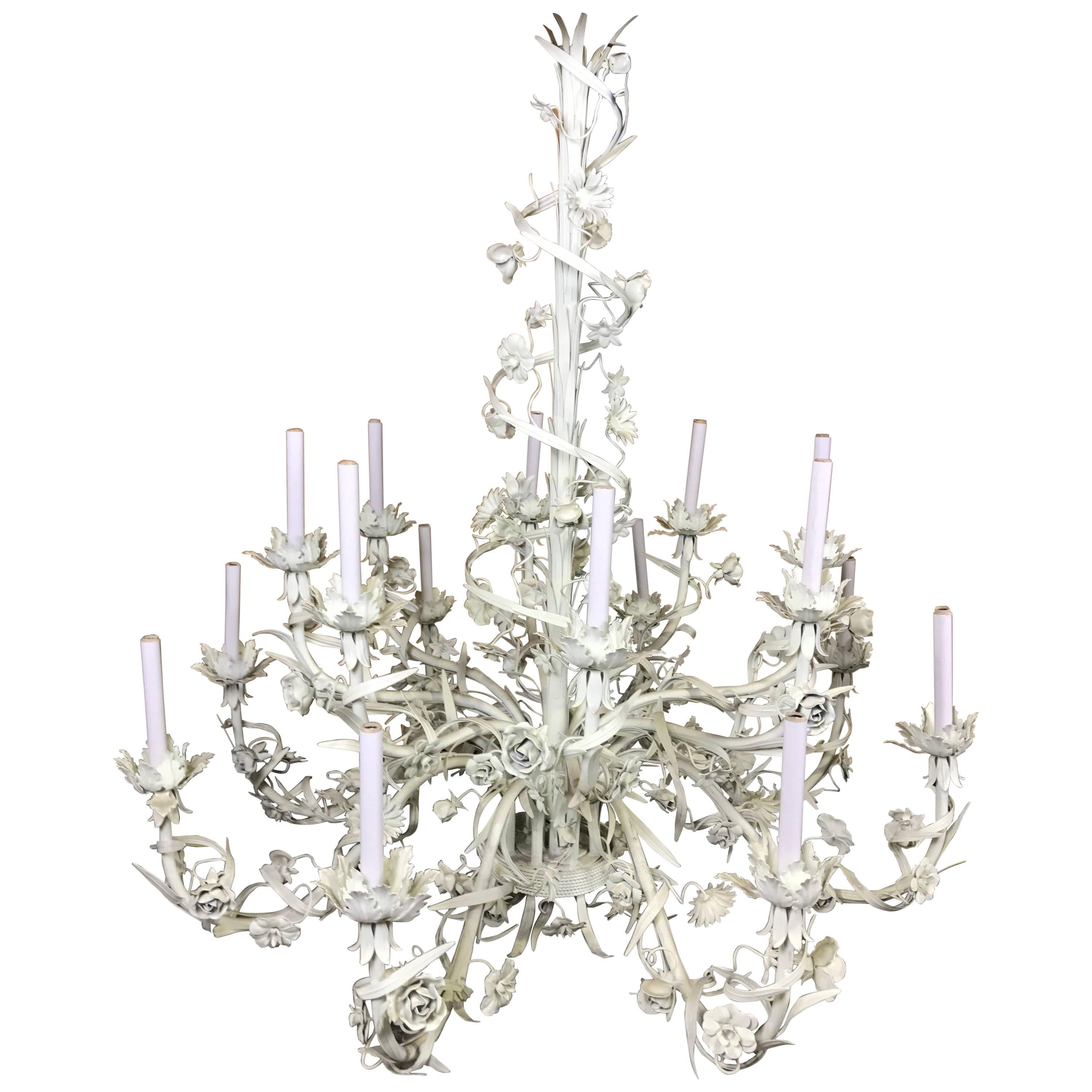 Beautiful Large-Scale Italian Sixteen Light Two-Tier White Floral Chandelier