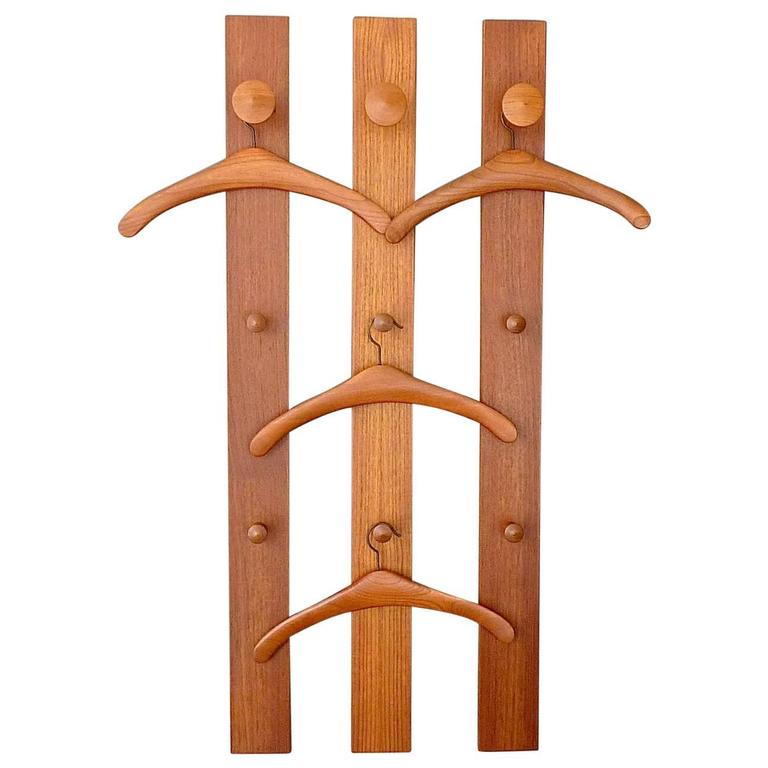 Danish Teak Wardrobe Coat Rack and Four Organic Design Hanger, Aksel