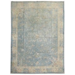 Water Blue Ivory Early 20th Century Antique Chinese Hand-Made Wool Oriental Rug