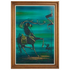 Used Modernist Mid-Century Abstract Equestrian Themed Painting with Gold Detailing