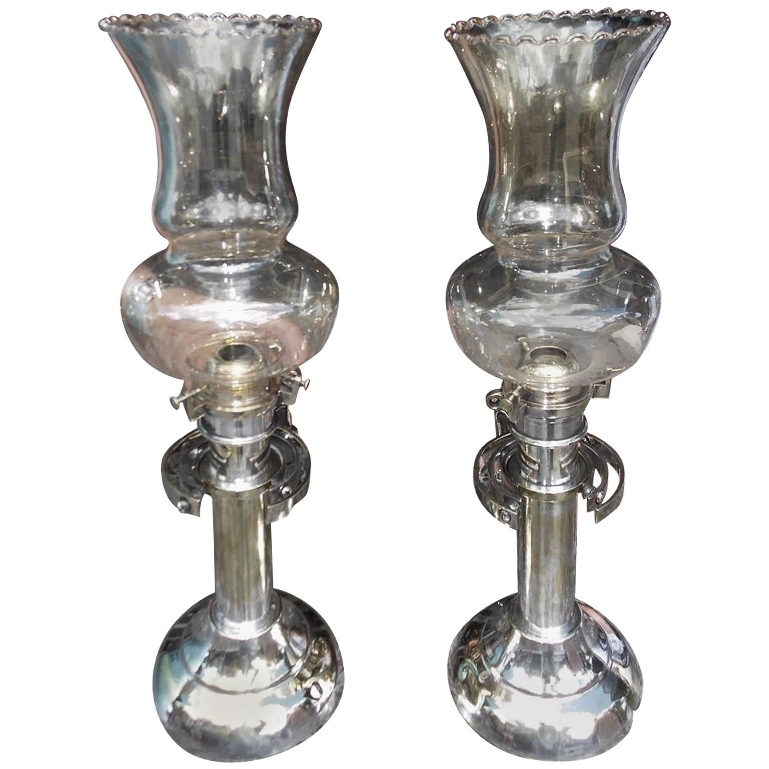 Pair of American Nautical Gimbaled Nickel Silver & Brass Wall Sconces, C. 1850 For Sale