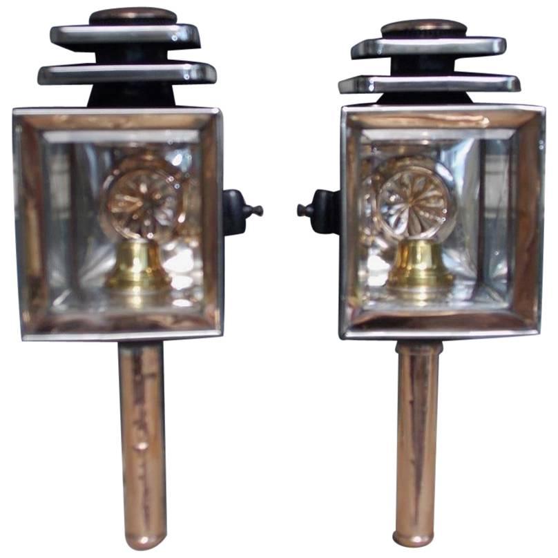 Pair of American Nickel Silver and Copper Coach Lanterns, Phil, Circa 1860