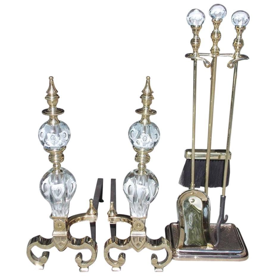 Set of American Brass and Crystal St. Clair Andirons with Tool Set, Circa 1900