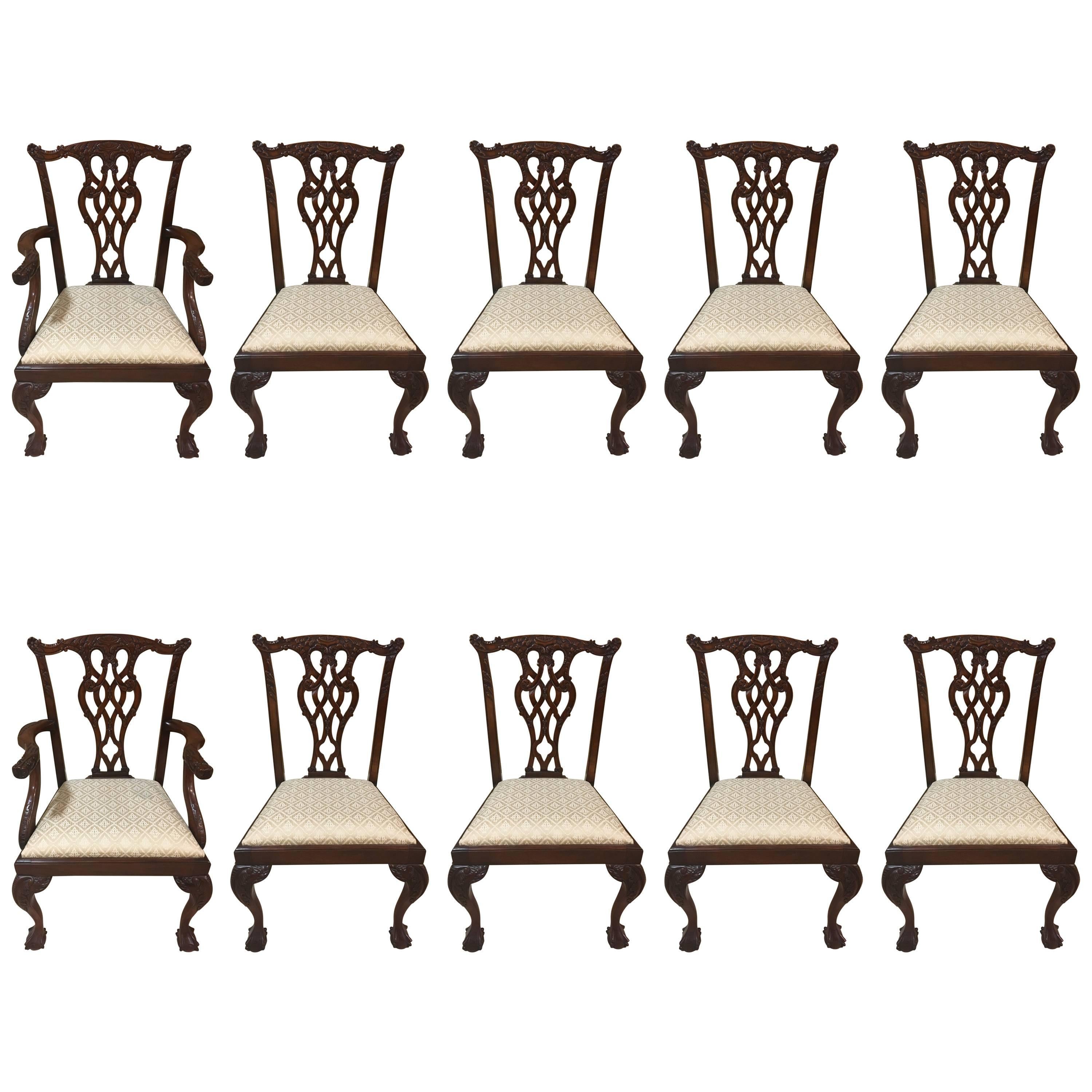Set of Ten Mahogany English Chippendale Dinning Room Chairs For Sale