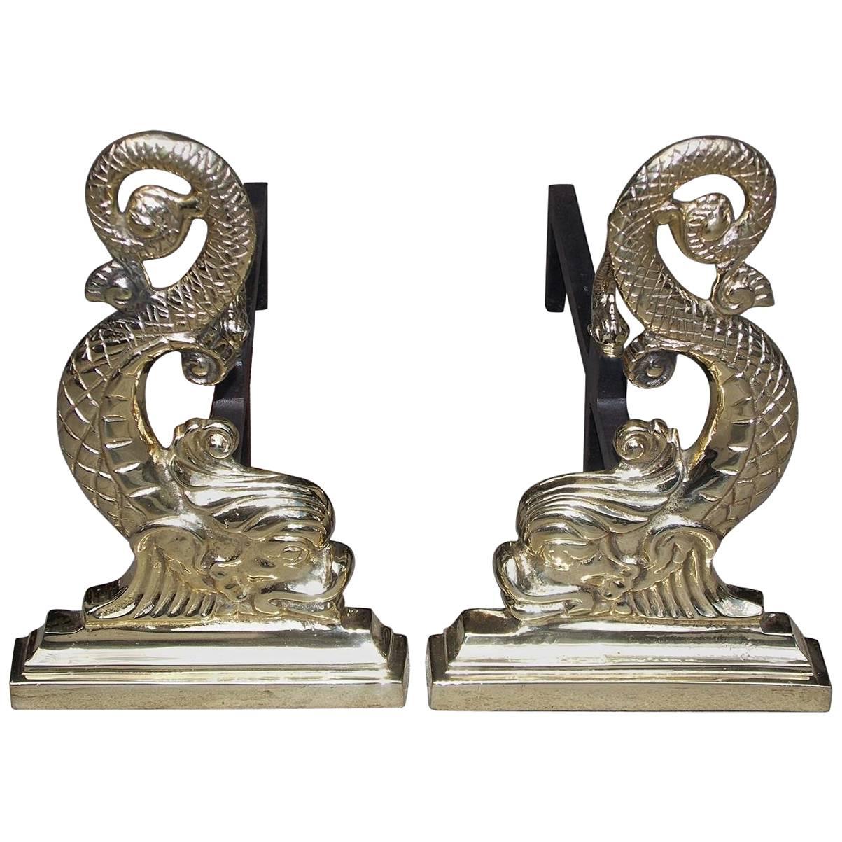 Pair of American Brass and Iron Dolphin Fire Place Andirons, Circa 1850 For Sale