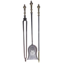 Antique Set of Three English Polished Steel and Brass Fire Place Tools, Circa 1800