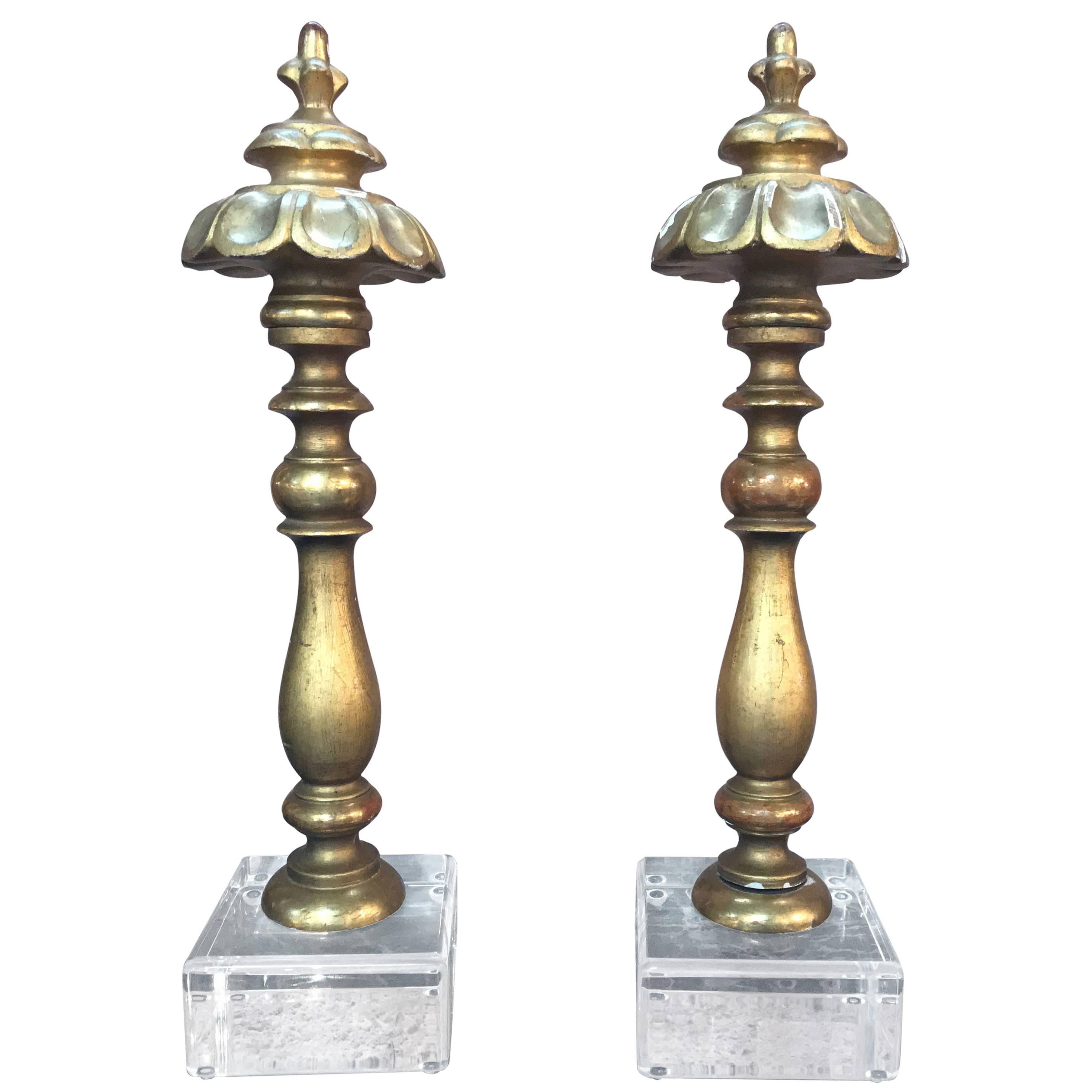 Pair of Italian Giltwood Finials on Lucite Bases