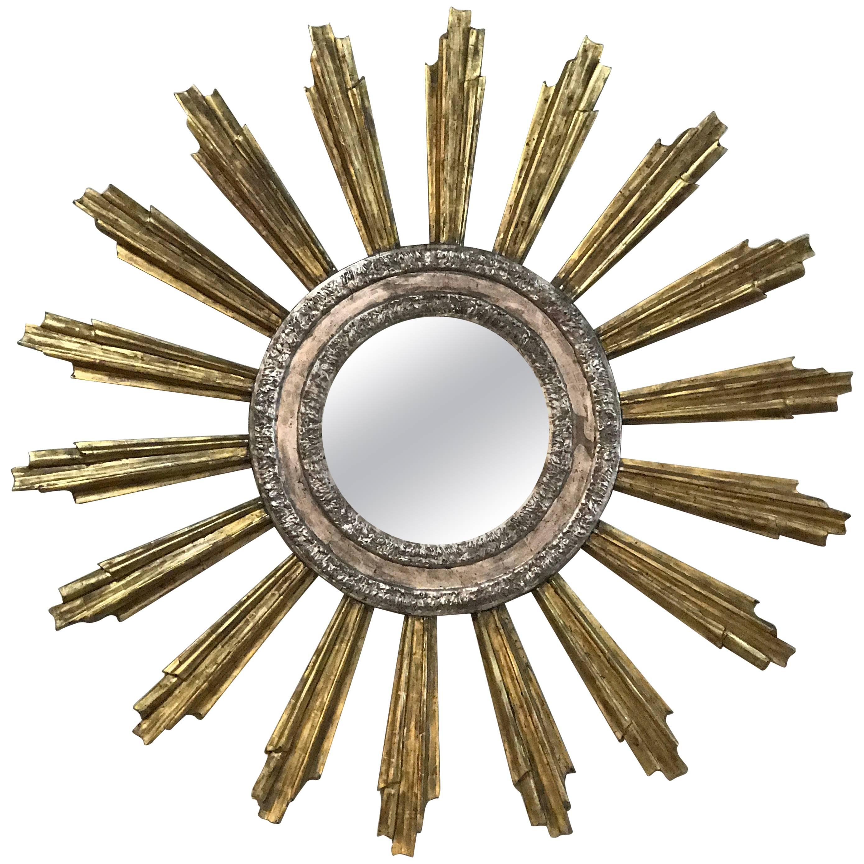 Monumental Italian Silver and Gold Leaf Sunburst Mirror
