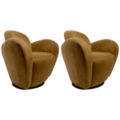 Pair of Ultra Suede Swivel Chairs of Exaggerated Art Deco Revival Form