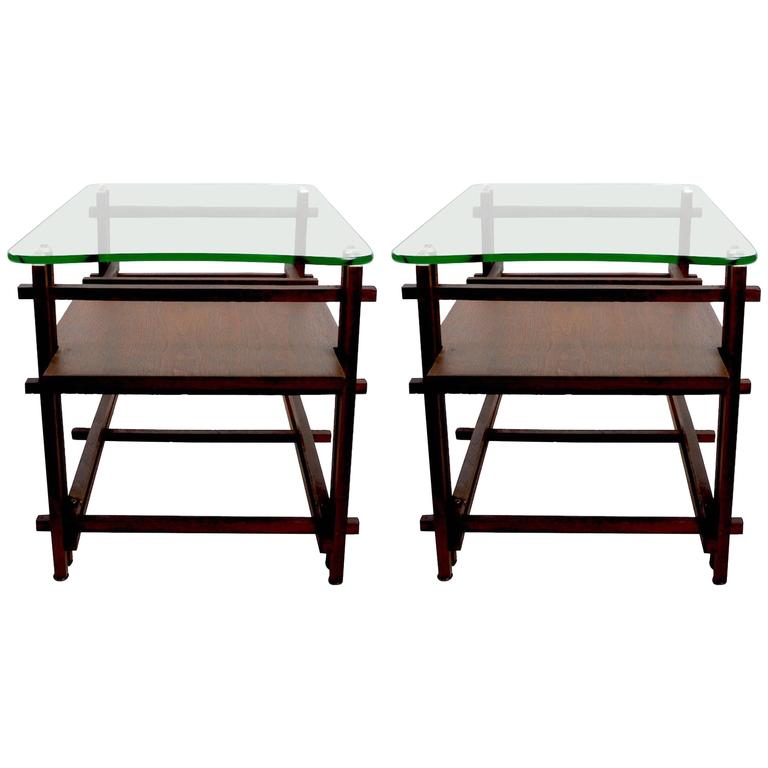 Pair of Architectural Glass and Wood Tables After Henning for Komfort For Sale at 1stdibs