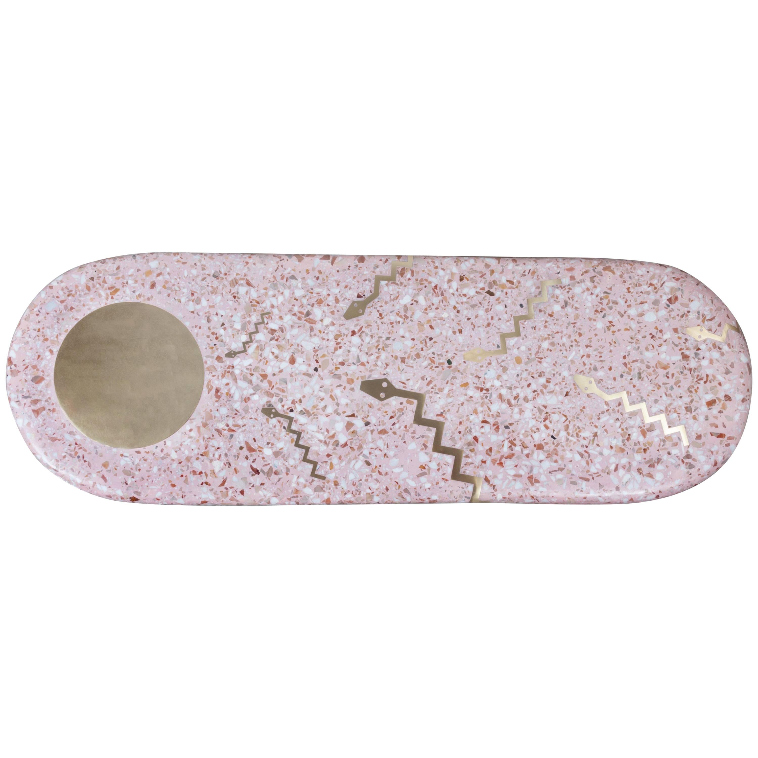 Run to the Light Pink Cement/Marble Terrazzo Sculptural Coffee Table with Brass For Sale