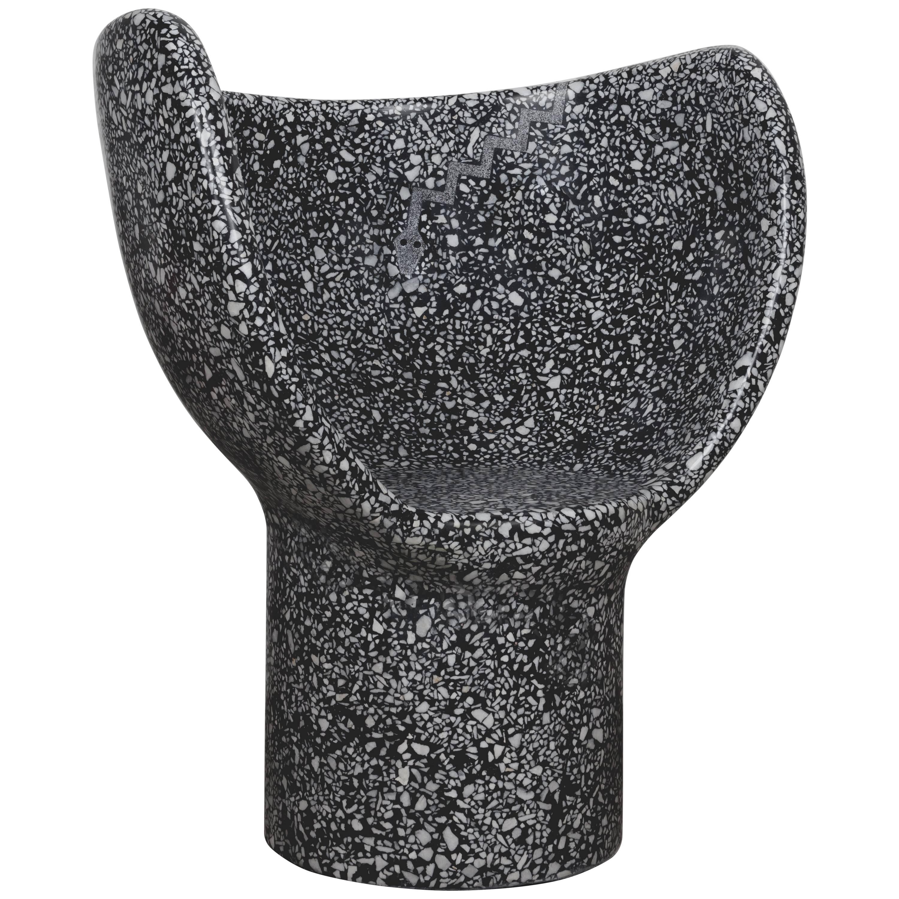 Sculptural Moon Snake Accent Chair, Black Cement/White Marble Terrazzo For Sale