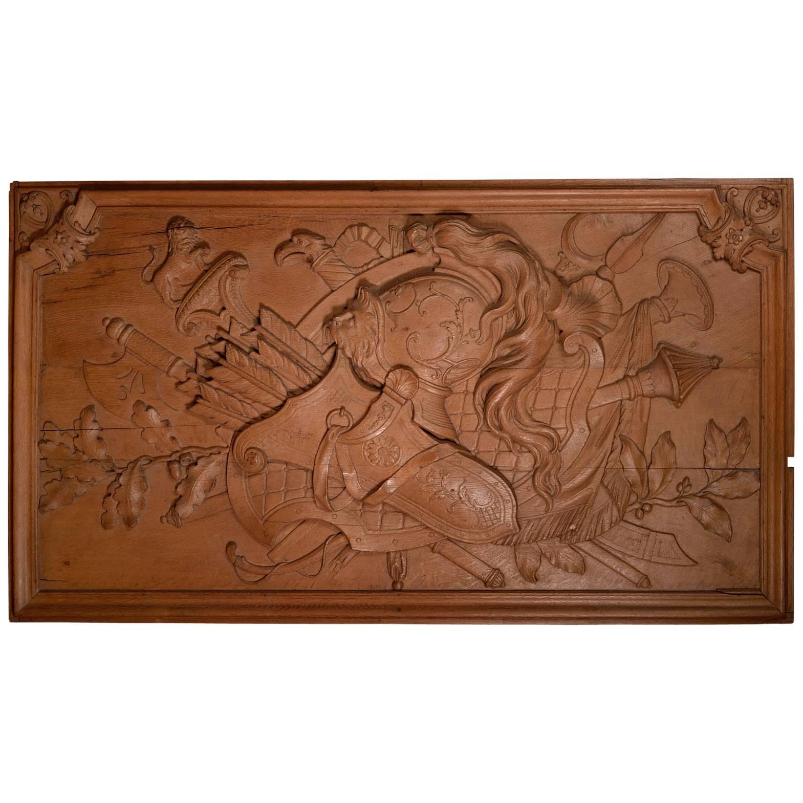 Carved Oakwood Panel Decorated with Trophies of Arms, 19th Century For Sale