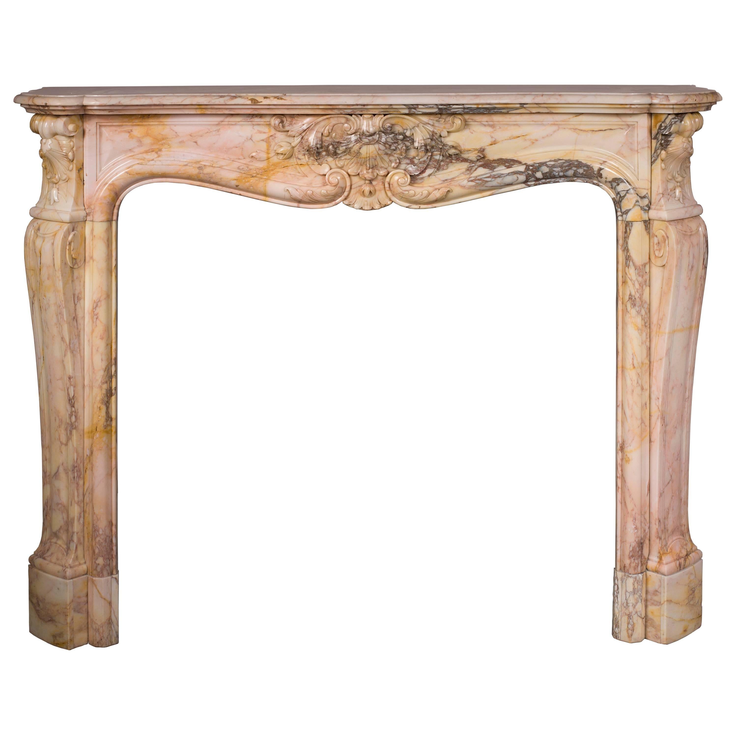 Three Shells Louis XV Style Fireplace in Breccia Nuvolata Marble, 19th Century For Sale