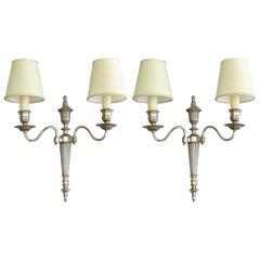 Antique Pair of French Empire Style Silvered Bronze Appliques Lamps Maison Bagues, 1920