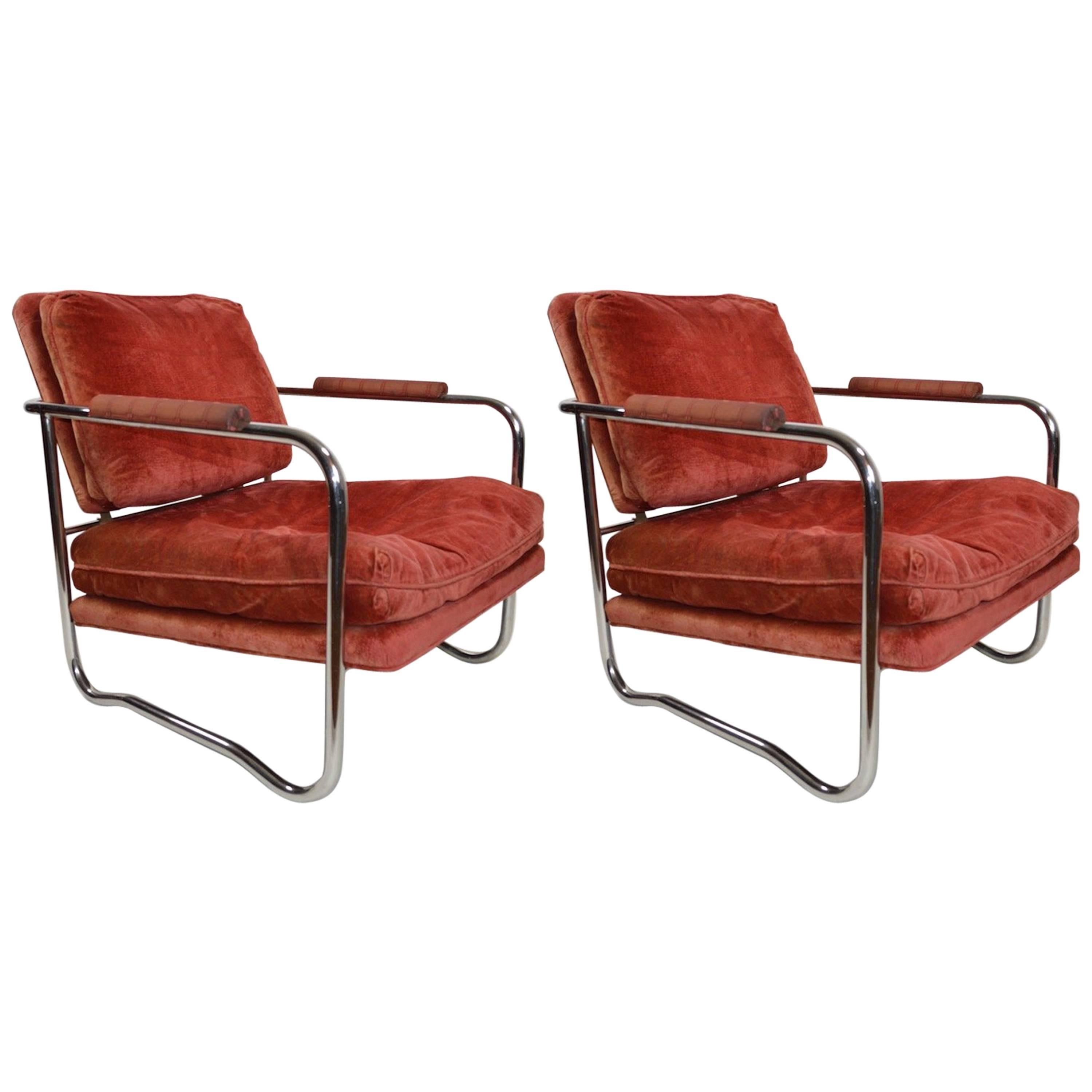 Pair of Machine Age Art Deco Tubular Chrome Lounge Chairs