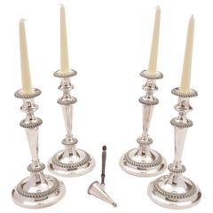 Set of Four Victorian Silver Plated Candlesticks and Snuffer, circa 1880