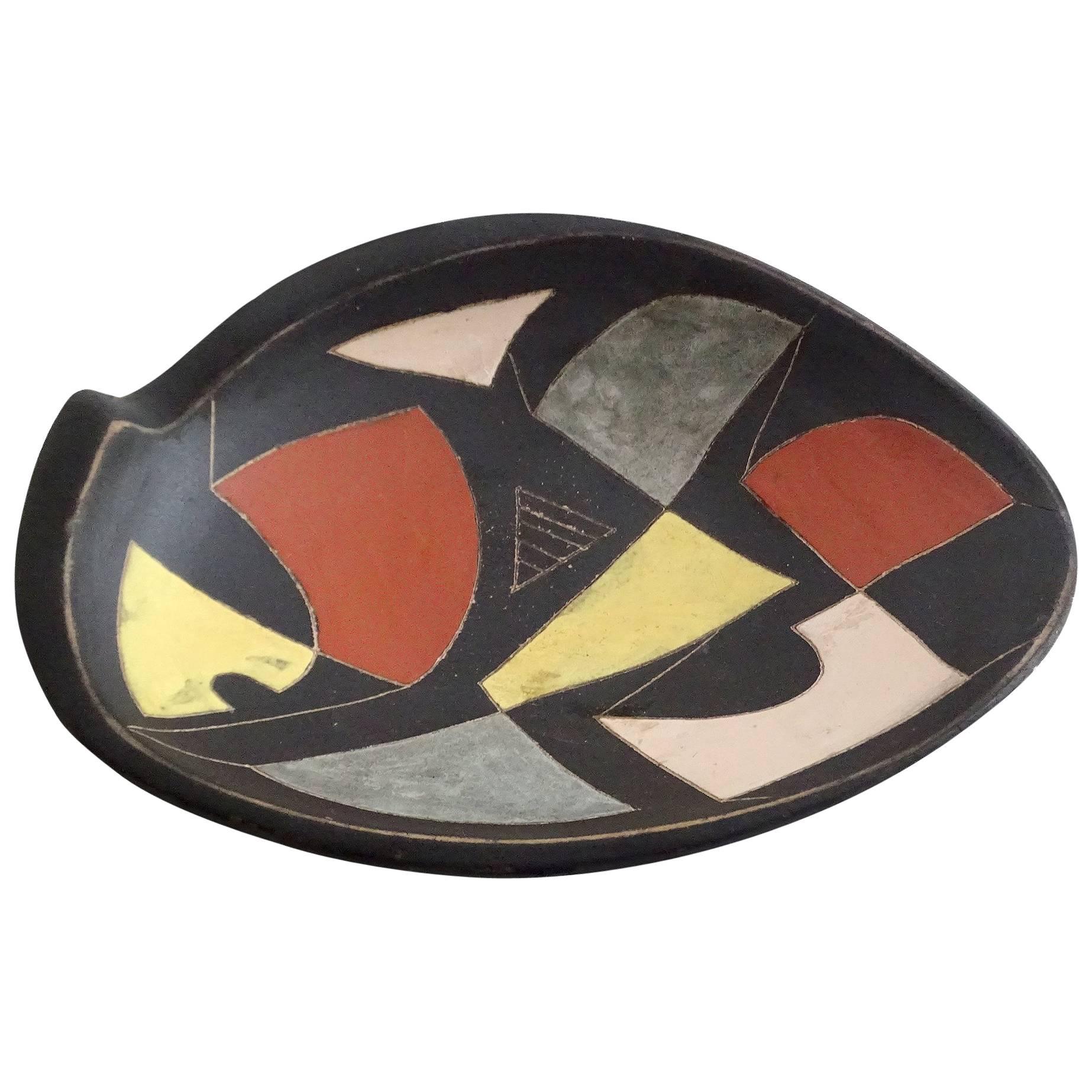MidCentury Modernist Abstract Art Painting Ceramic Bowl, Capron Orlando Era For Sale