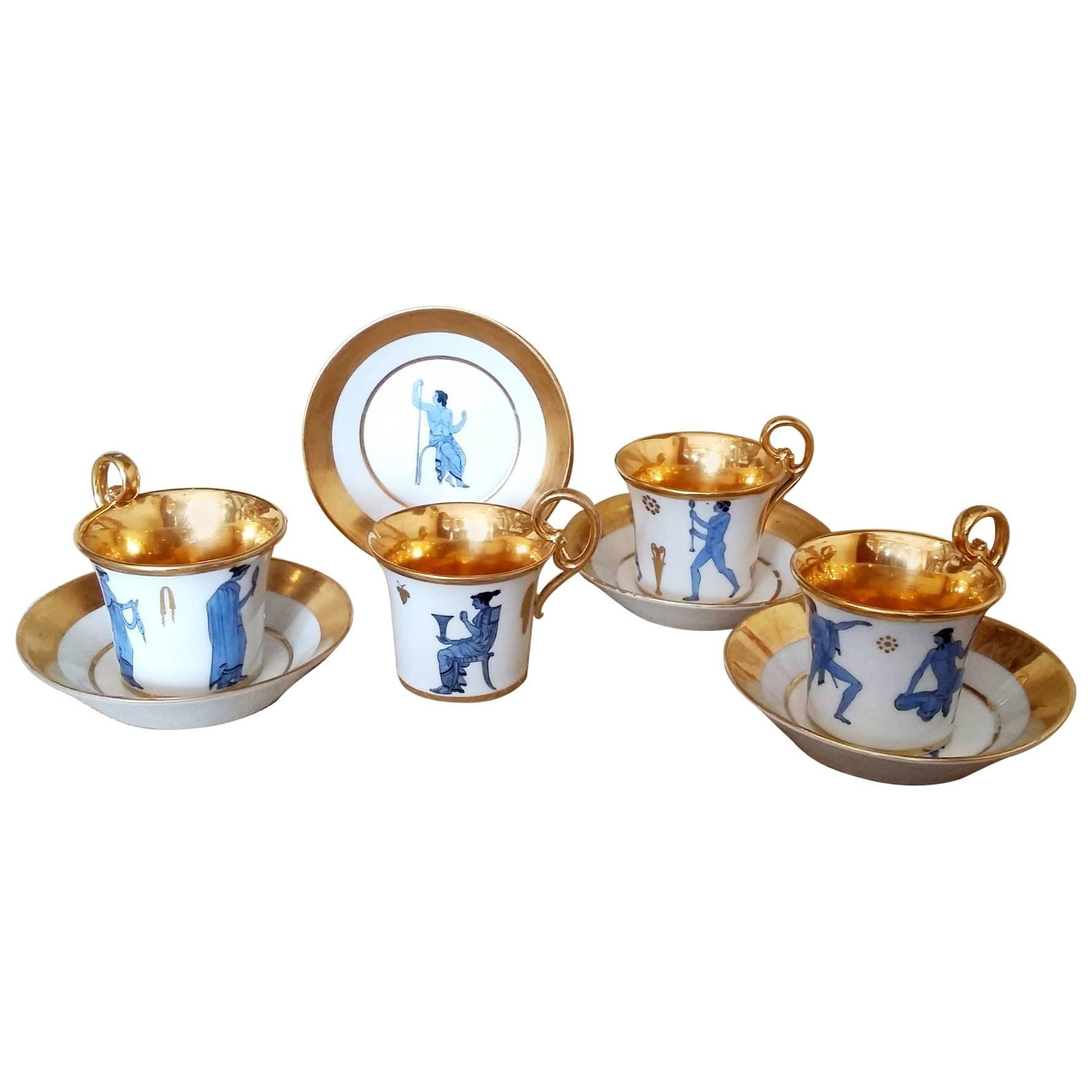 Four French Paris Porcelain Empire Period Cups with Saucers, Dagoty, circa 1800 For Sale