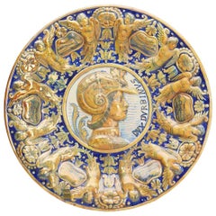 Placa / Plato de Pared Figural de Lustre Moldeado de Maiolica Continental Antigua