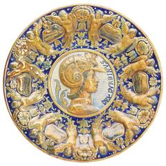 Antike kontinentale Maiolica-geformte, figurale Wandtafel / Schale, Luster