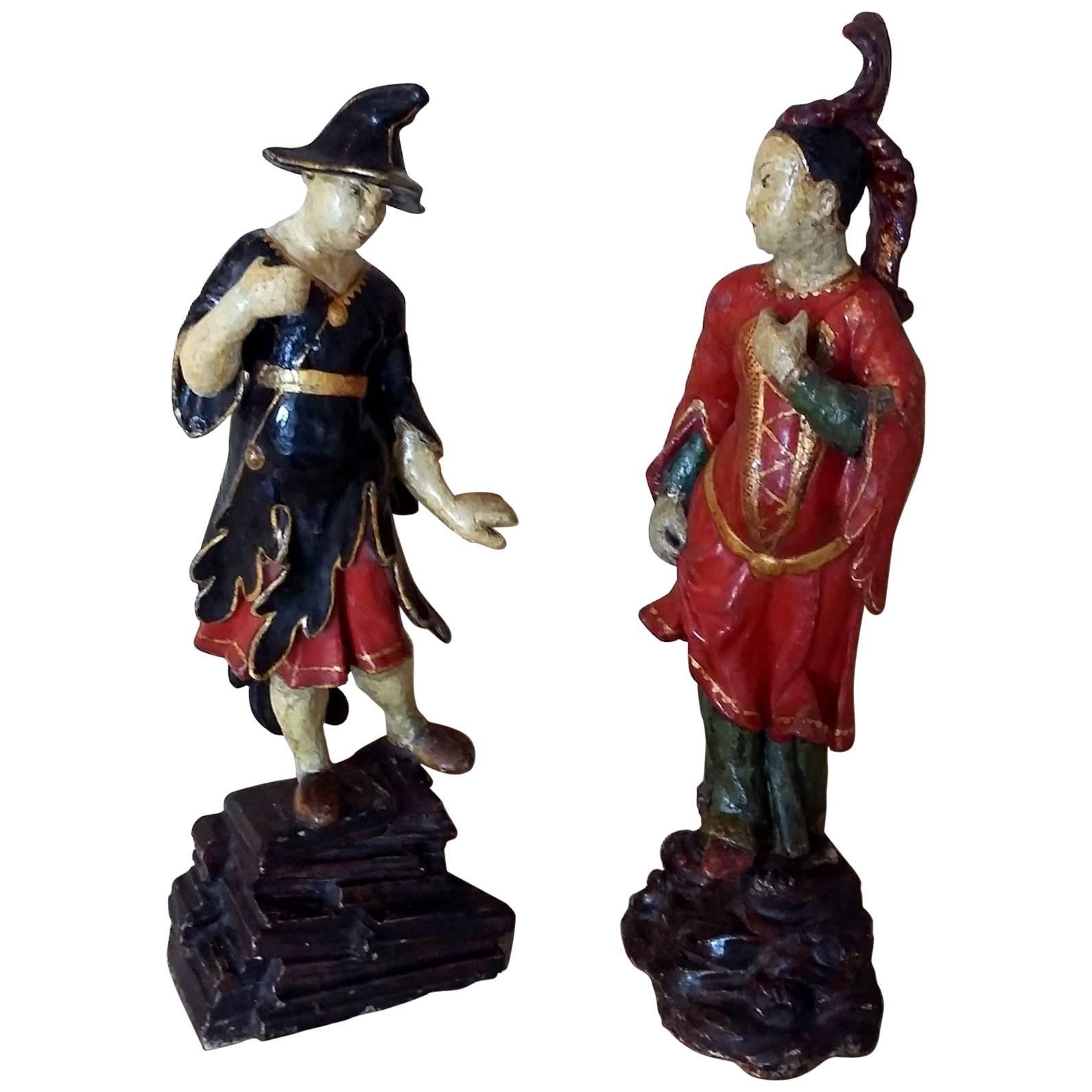 Venetian Lacquered Wood Rococo Period Pair of Chinamen, Italy, circa 1750 For Sale