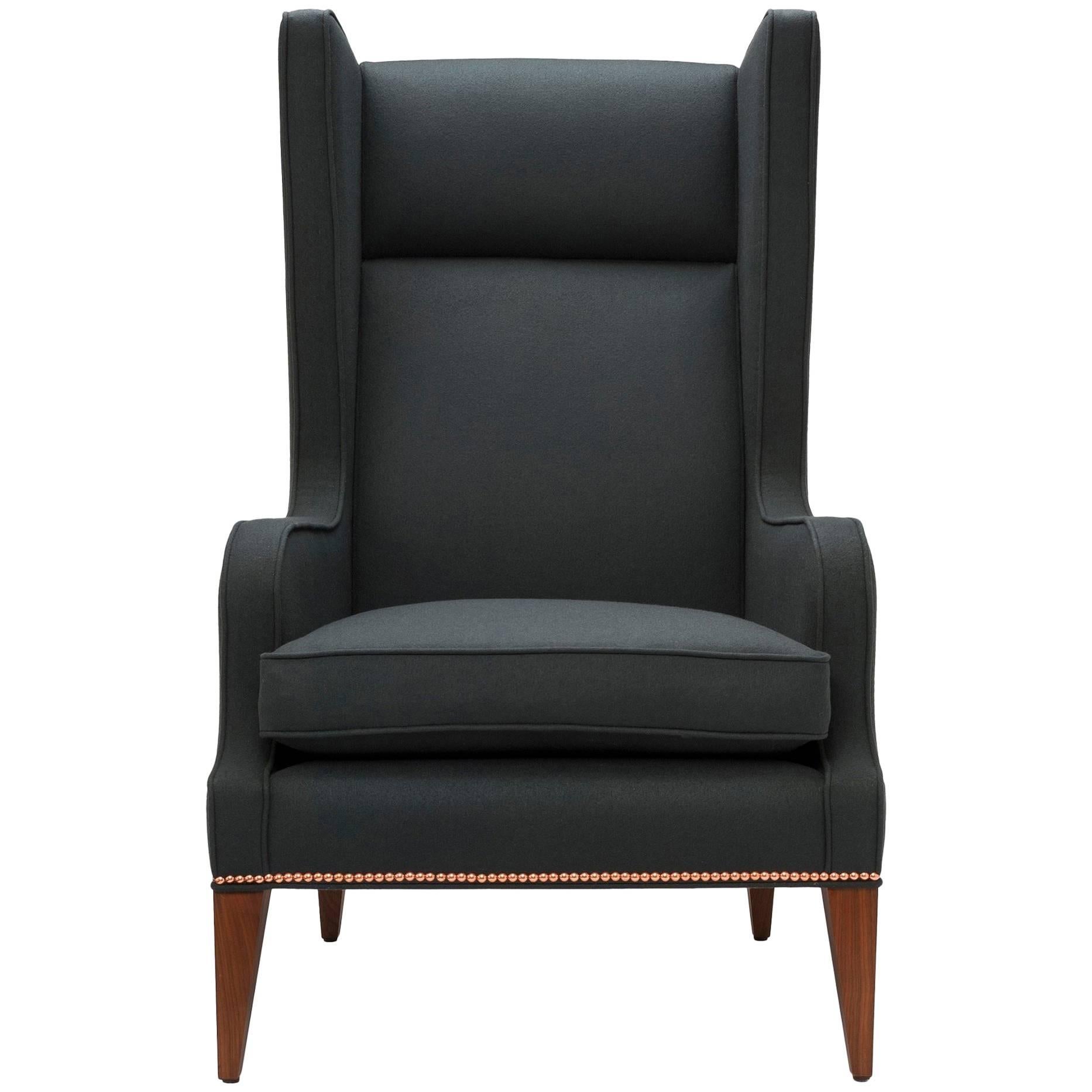 Contemporary Alae Wing Chair in Charcoal Wool with Copper Nails and Walnut Legs