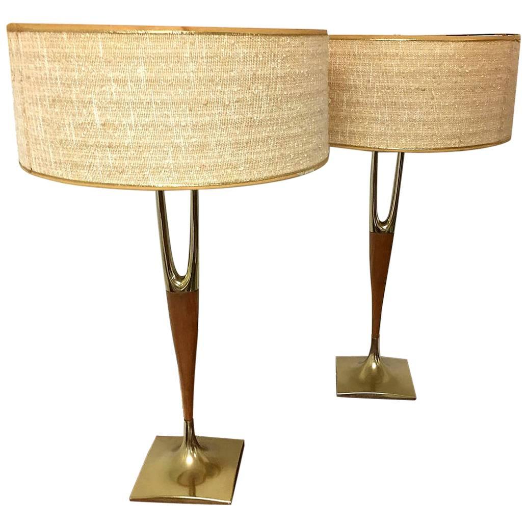 Pair of Walnut and Brass Lamps by Laurel Lamp Company with Original Shades