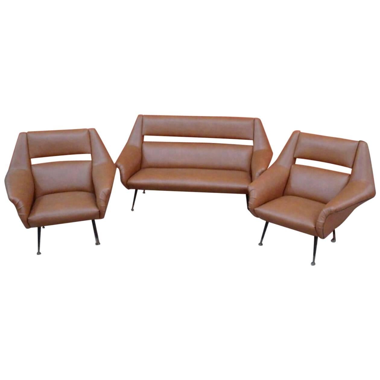 Sofa and Pair of Armchairs in Brown Leather and Italian Brass Legs by Gio Ponti