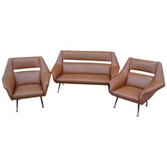 Sofa and Pair of Armchairs in Brown Leather and Italian Brass Legs by Gio Ponti