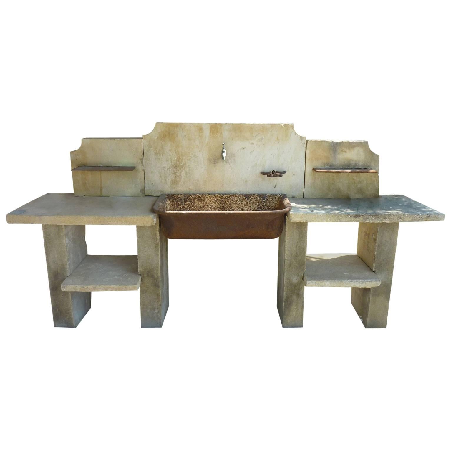 Antique Wrought Iron Sink on Legs with Stone Working Plans, Pediment & Ornaments For Sale