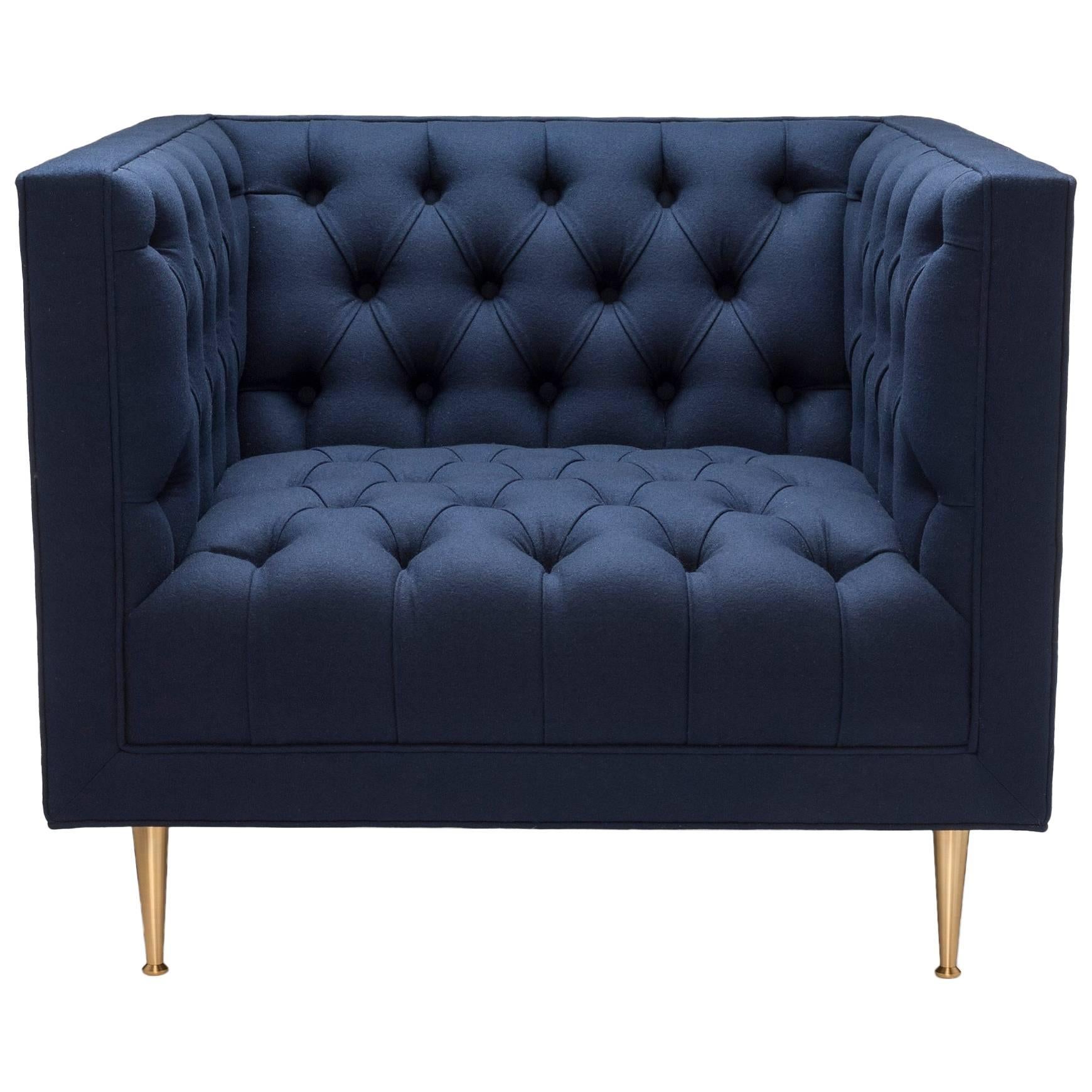 Contemporary Tux Chair Special Edition in Navy Melton Wool with Legs in Brass For Sale