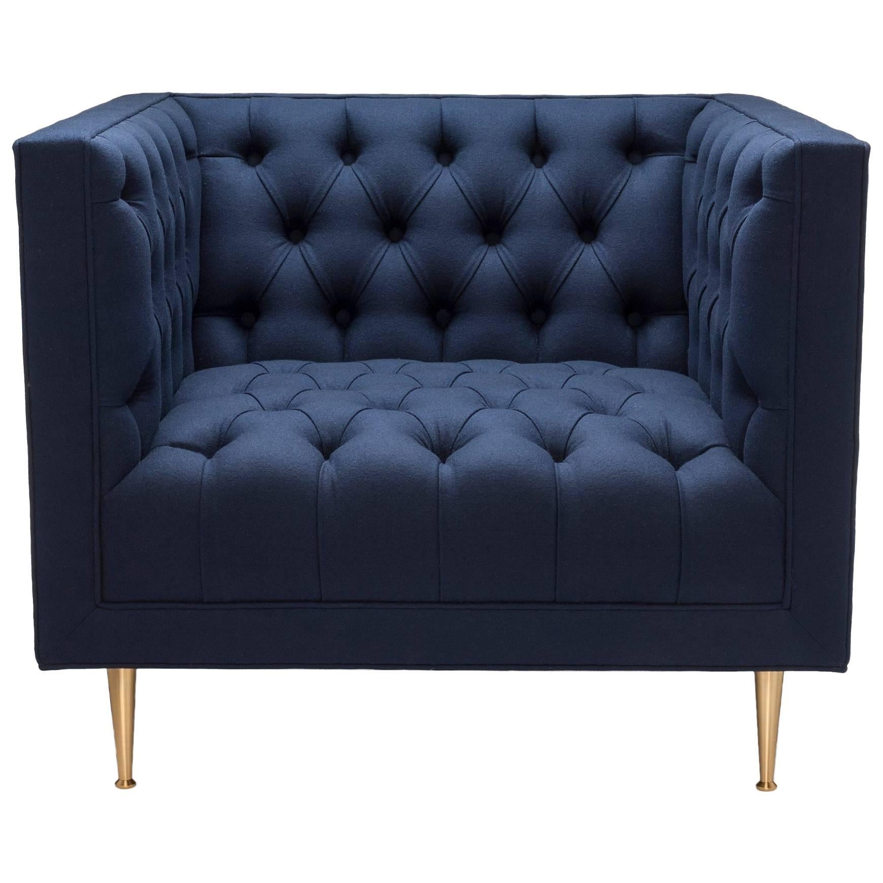 Contemporary Tux Chair Special Edition in Navy Melton Wool with Legs in Brass